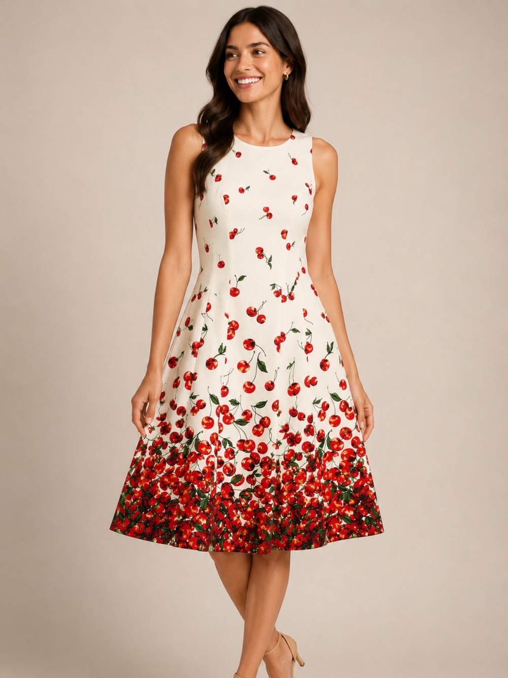 Maggy London Cream Dress with Red Cherry Print Size 8